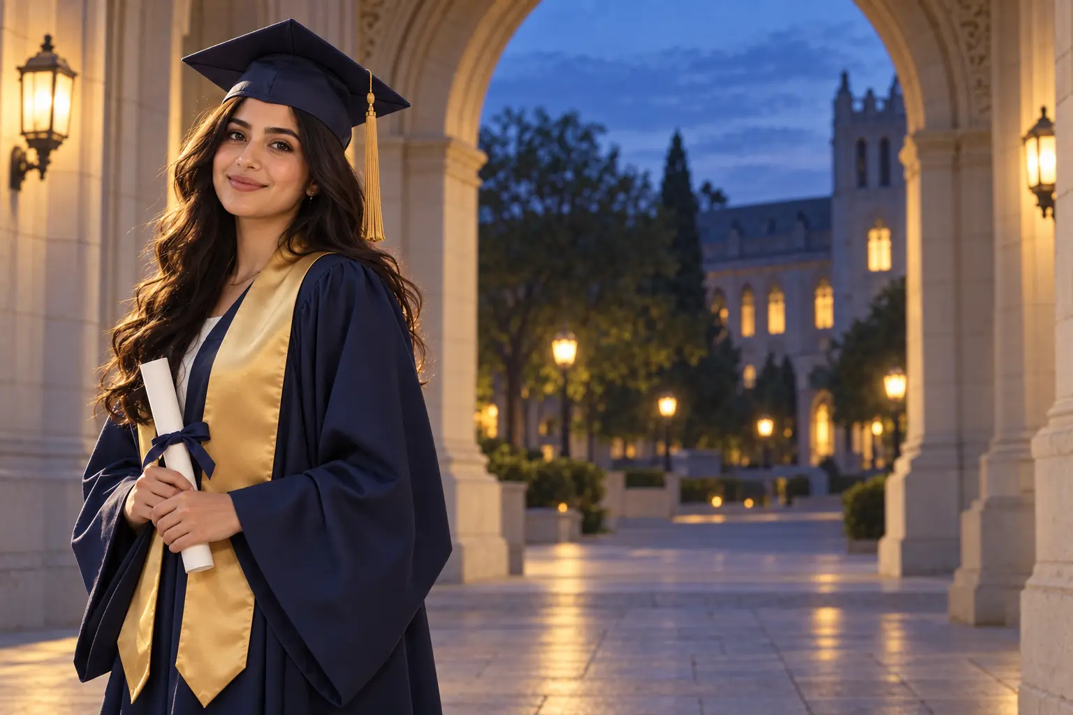 A graduate beneath a university arch