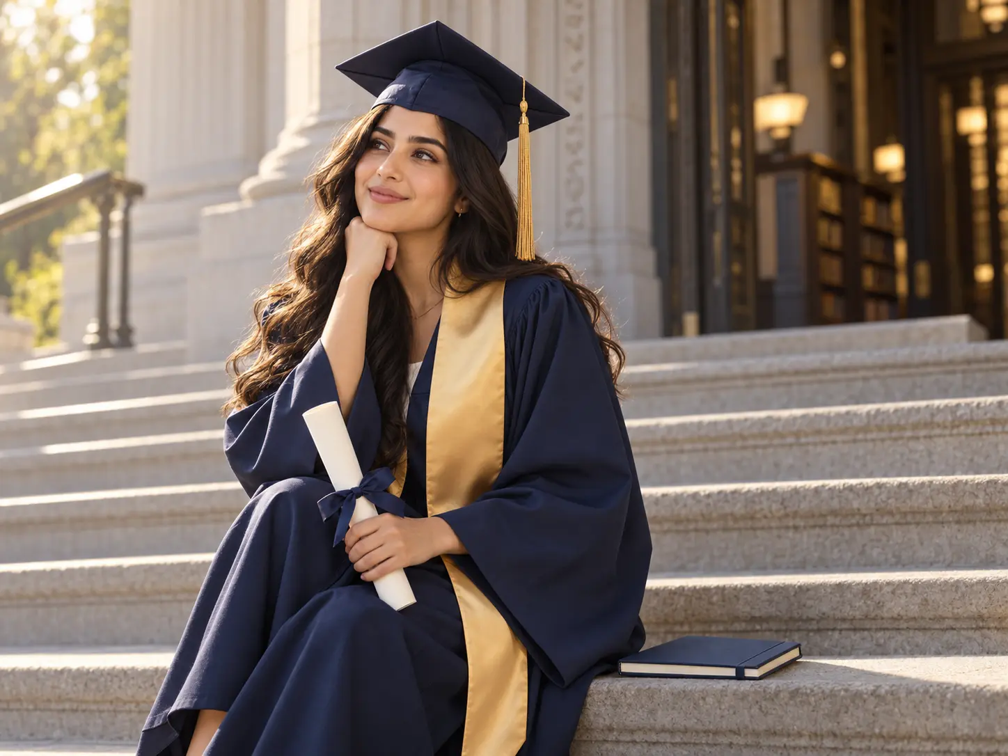 Areeba seated thoughtfully on the library steps with her diploma
