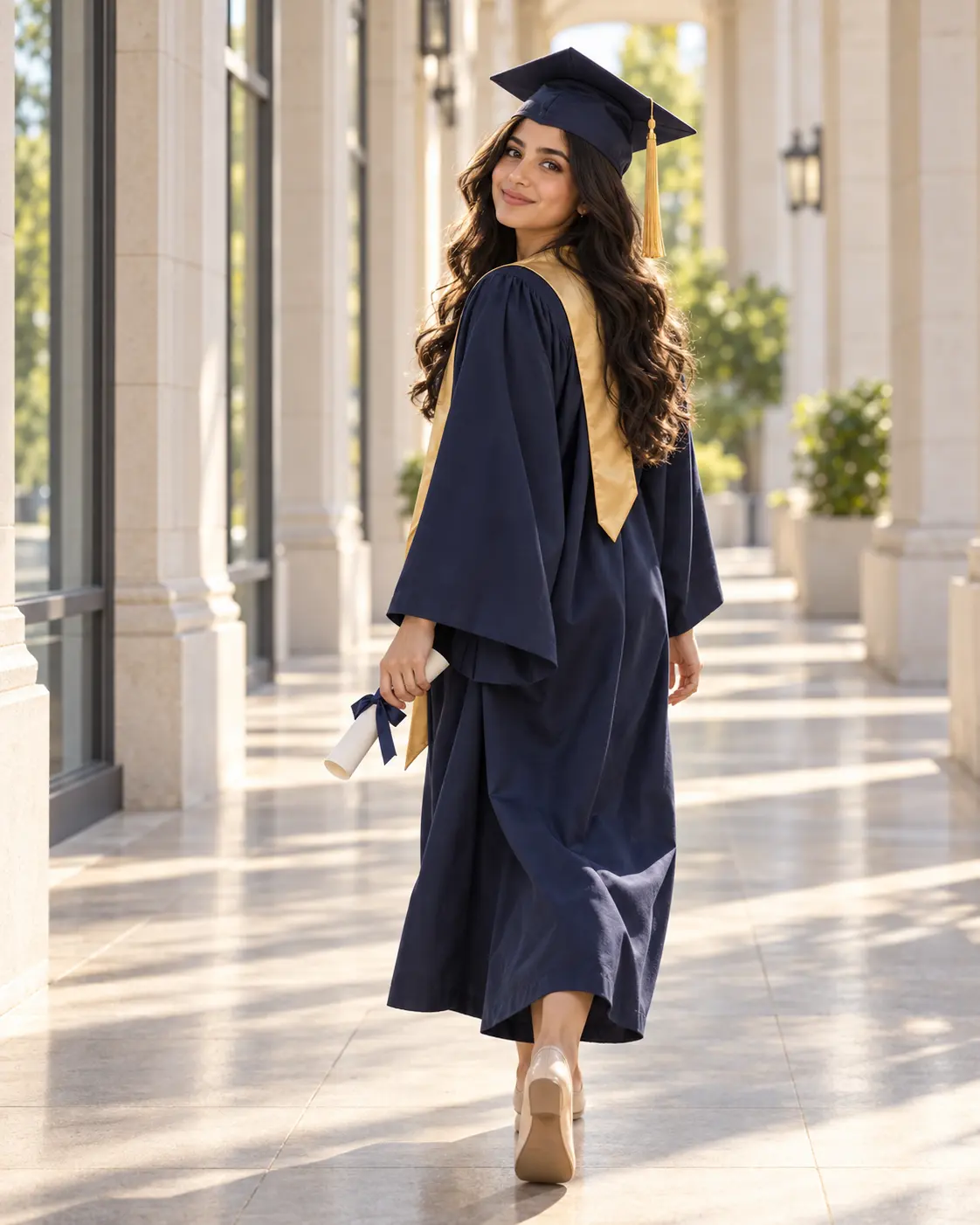 Areeba walking through a sunlit university corridor